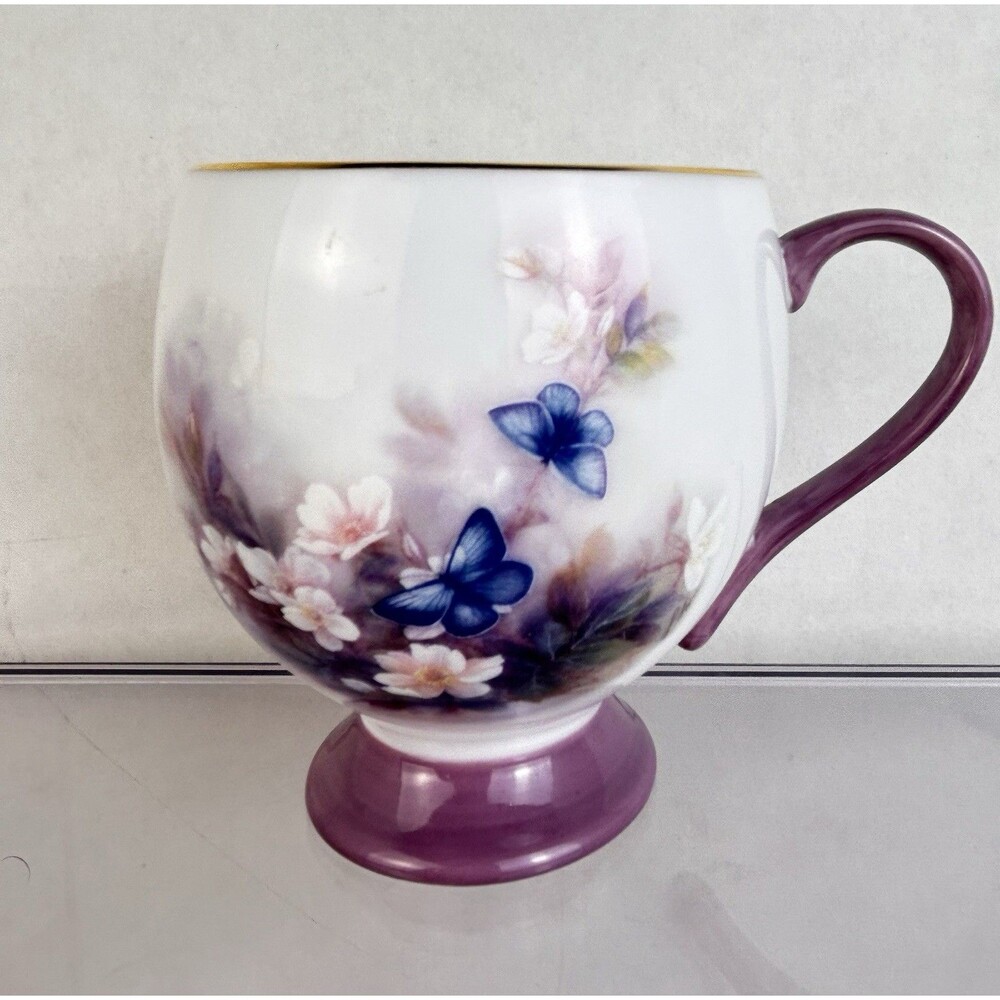 Lena Liu Blossoms and Butterflies Footed  Teacup Gold Rim Teleflora Gift